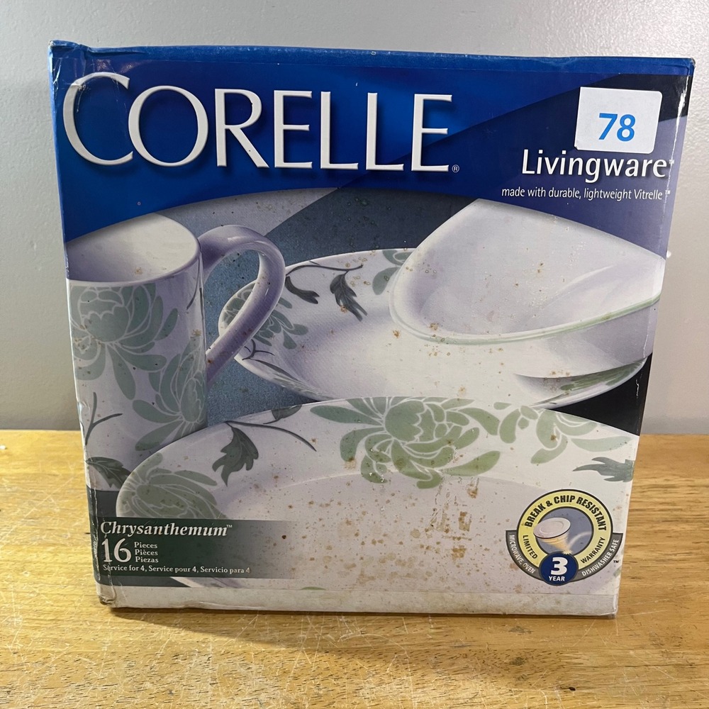 Corelle Chrysanthemum 16pc Dinnerware Set White Green Vtg Floral Vitrelle